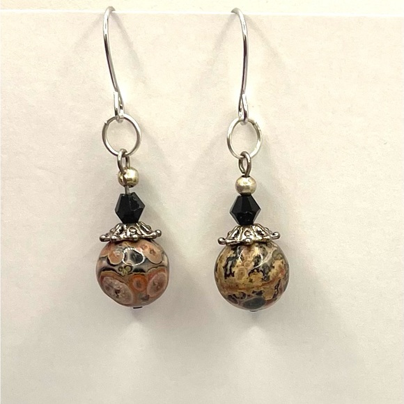 leopard jasper natural stones dangle earrings Swarovski Crystals & silver plated - Picture 3 of 3